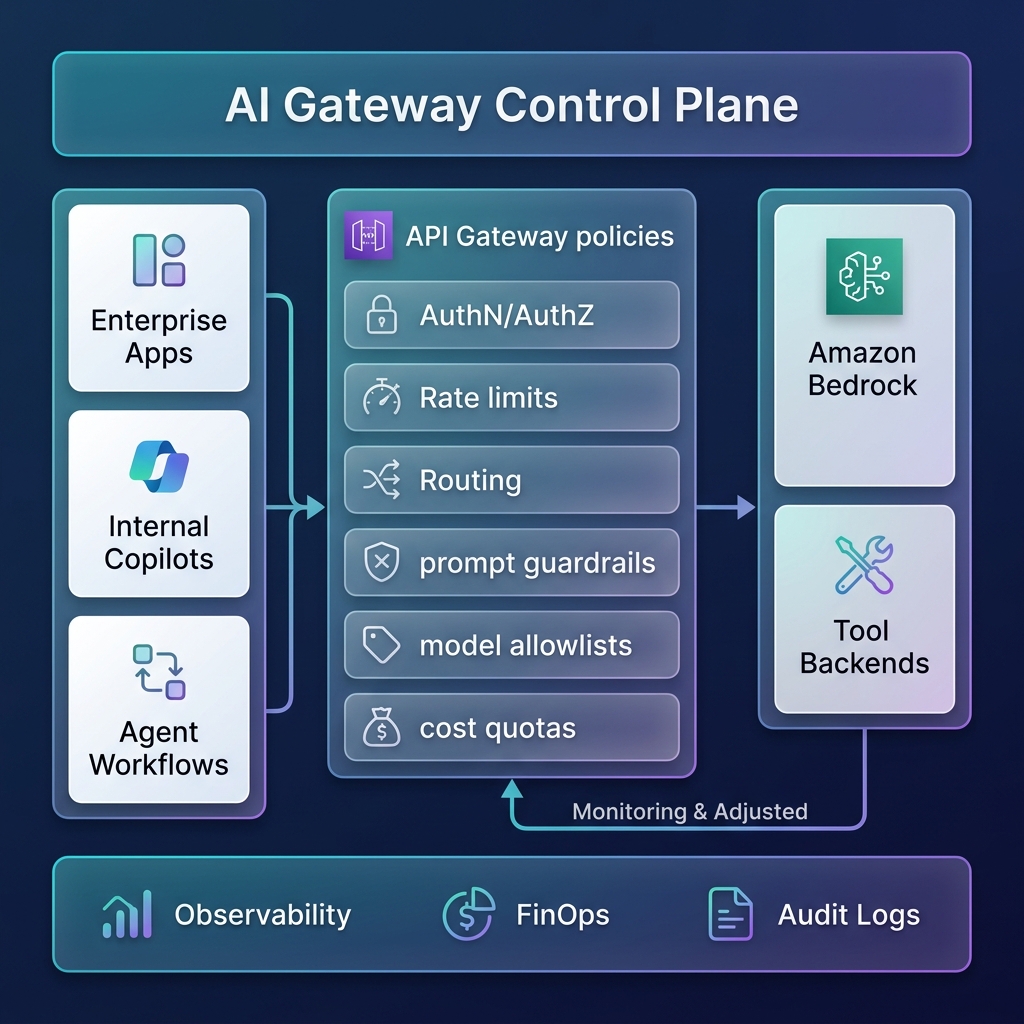 Enterprise AI gateway control-plane architecture routing workloads to Bedrock with governance and observability