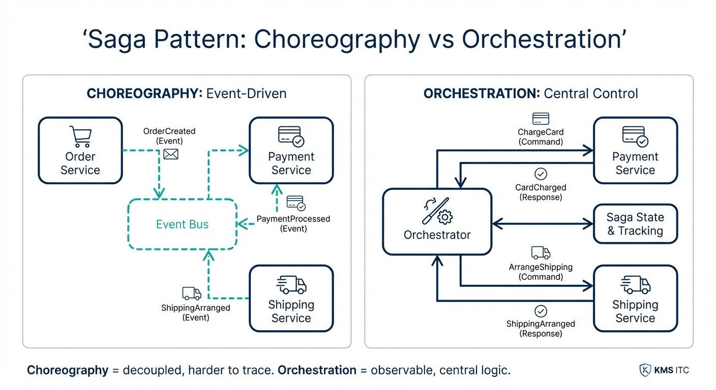 Saga choreography vs orchestration diagram